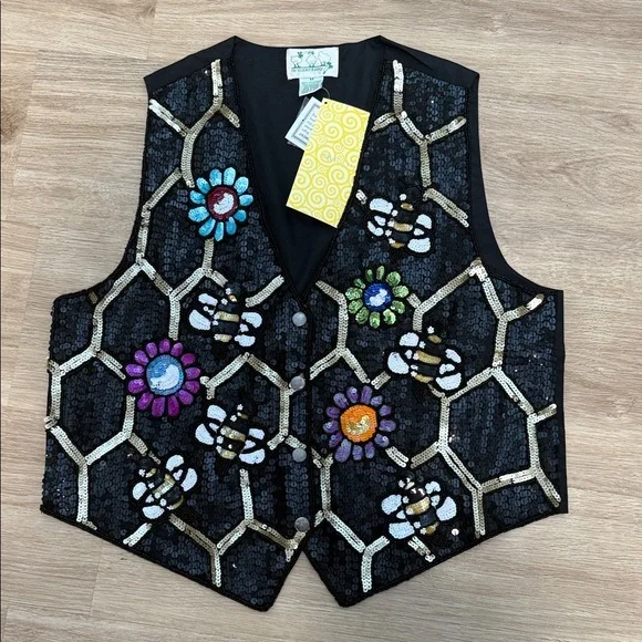 Vintage Quacker Factory Sequin Bees Floral Vest - Picture 1 of 5